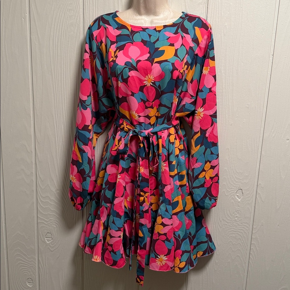 JODIFL Floral Mini Dress Size S Colorful Belted Boho Chic Excellent Condition - Picture 4 of 11